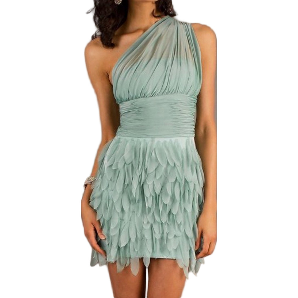 Xscape One Shoulder Chiffon Petal Dress Size 6 Sage Cocktail Party Fairycore